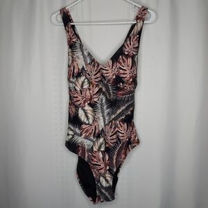 Hurley One-Piece Bathing Suit XXL Peach Black Muave Multicolor Palm Leaf VNeck